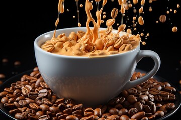  a cup of coffee being poured into a cup of coffee surrounded by roasted coffee beans and coffee beans on a black background.