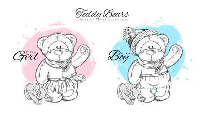 Vector set of hand drawn colorless funny cartoon bears girl and boy dolls with bunny toy, sketch with lettering