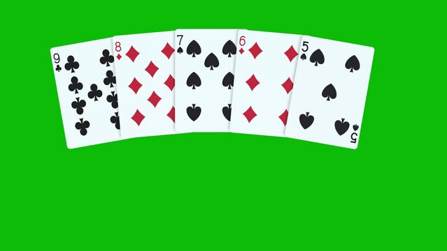 A poker straight with cards thrown one by one on green screen 3D animation,. Animated poker cards, dealing poker cards animation. winning poker hand straight combination 4