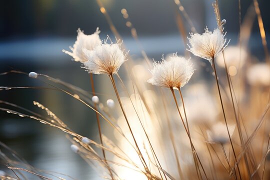  A Couple Of White Flowers Sitting On Top Of A Lush Green Field Next To A Body Of Water On A Sunny Day.