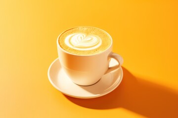  a cup of cappuccino on a saucer on a yellow background with a shadow of the cappuccino.