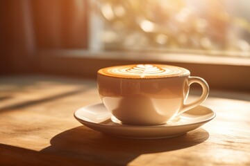  a cappuccino sitting on top of a saucer on top of a wooden table next to a window. - obrazy, fototapety, plakaty
