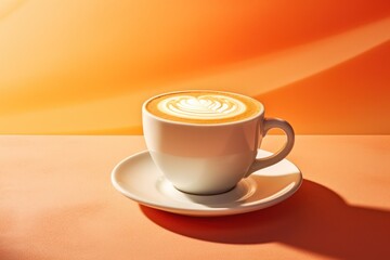 a cup of coffee on a saucer with a saucer in the shape of a heart on an orange background.