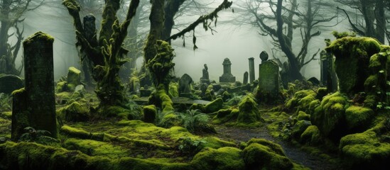 Moss-covered trees in ancient cemetery.