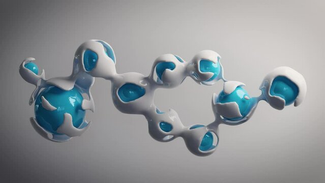 3D infinite loop animation with blue neural spheres covered in white liquid. AI concept.