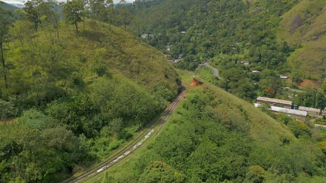 Aerial Drone Shot Down Demodara Loop Railway Line Train Track in Sri Lanka