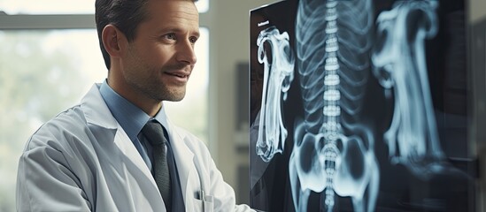 Kind male doctor displaying X-ray image to patient.