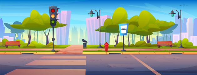 City street with road crossing and green park. Vector cartoon illustration of pedestrian crosswalk in summer town, traffic light, bus stop sign on pedestrian pavement, green trees, cityscape buildings © klyaksun