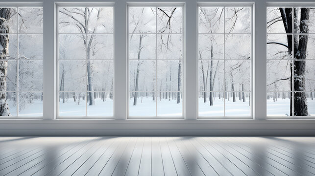 Large picture window - snow - extreme blue skies  - snow- background - landscape - winter scenery 