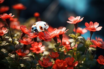  a ladybug sitting on top of a red flower in the middle of a field of red and white flowers.