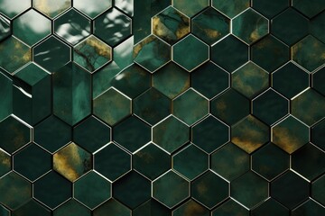  a pattern of hexagonal tiles with a green and gold pattered finish on the outside of the tiles. - obrazy, fototapety, plakaty