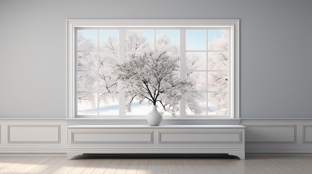 Large picture window - snow - extreme blue skies - table - tree - snow - snow - background - landscape - winter scenery 