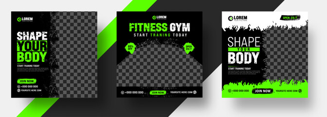 watercolor paint brush strokes texture Fitness gym social media post banner template with black and green color. Grunge brush stroke effect Workout fitness and Sports social media post banner bundle.