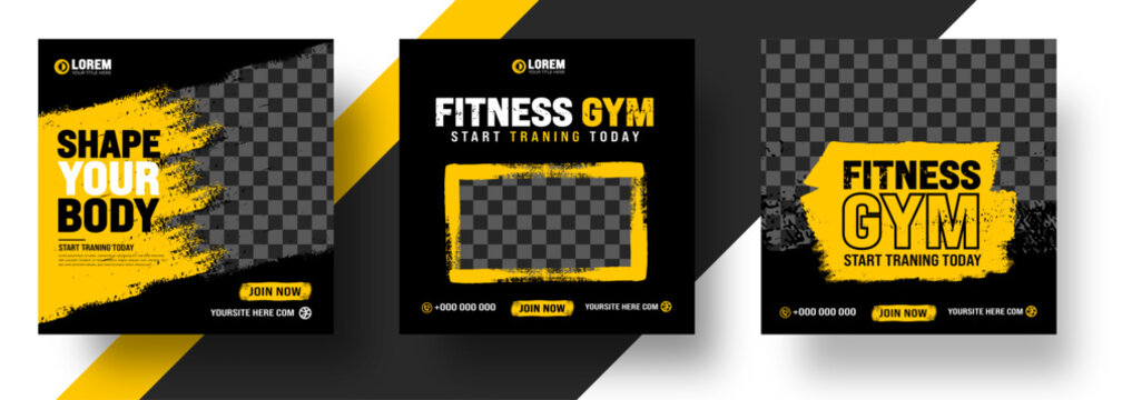 watercolor paint brush strokes texture Fitness gym social media post banner template with black and yellow color. Grunge brush stroke effect Workout fitness and Sports social media post banner bundle.