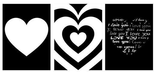 collection of modern simple minimalistic monochrome abstractions in the form of white hearts with the text I love you on a black background