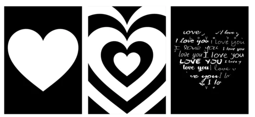 Poster collection of modern simple minimalistic monochrome abstractions in the form of white hearts with the text I love you on a black background © Soap Dish