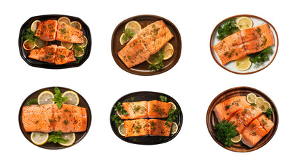 Collection set a plate of grilled salmon steak with vegetables isolated on a transparent background, top view