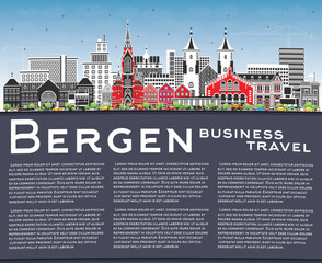 Fototapeta premium Bergen Norway city skyline with color buildings, blue sky and copy space. Bergen Cityscape with Landmarks. Business Travel and Tourism Concept with Historic Architecture.