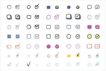 Fototapeta na wymiar Set of various color hand drawn checked check mark, tick box doodle icon