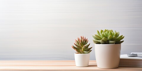 Office tools rest on a bright workspace with a succulent in a white pot.
