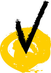 Hand drawn yellow circle checked check mark, tick box doodle icon, , transparent background png