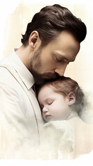 White background, father kissing baby on forehead, tenderness, love