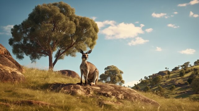 Kangaroo animal hill next tree AI Generated pictures