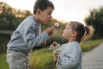School kid boy and little baby girl blowing on a dandelion flowers on the nature in the summer. Having fun. Family of two love, together - obrazy, fototapety, plakaty