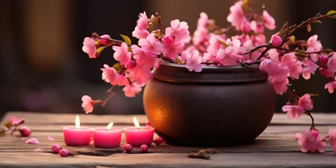 Pink blossoms spill from a rustic pot with a candle glowing warmly beside it.