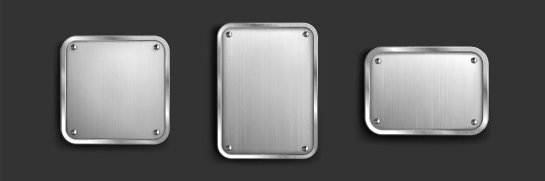 Steel tag plate with borders and screws. Realistic vector set of metal nameplates or boards with empty space for sign. Silver plaque or stainless frame mockup. Blank shape with chrome texture surface.