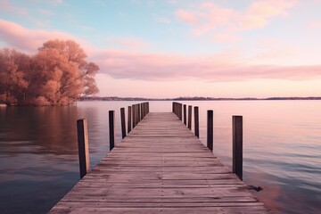  a wooden dock sitting on top of a lake next to a lush green forest under a blue and pink sky.