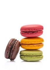 Sweet and colored macaroons on white background