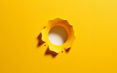 Yellow paper with holes punched Through a circle, you can see the ground below. - obrazy, fototapety, plakaty