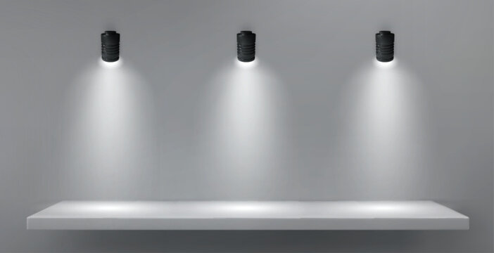 Spot led lamp light on shelf. Vector realistic illustration of product presentation showroom, museum exhibition, shop window, empty platform for advertising, modern fashion gallery wall template