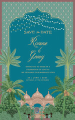 Mughal invitation card design with Mughal temple, peacock, tropical trees, and flowers vector illustration. - obrazy, fototapety, plakaty