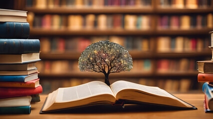  Tree growing from an open book. Conceptual image with dry tree growing from book. AI generated image