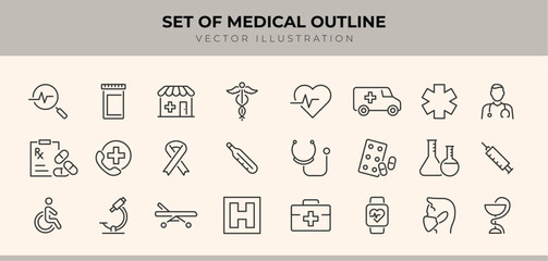 Set of Medical outline icons related to healthcare, medical, medicine. Linear icon collection. Editable stroke. Vector illustration