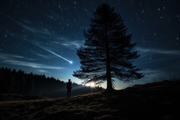 Fototapeta na wymiar a man standing next to a tree on a hill under a night sky filled with stars and a shooting star.