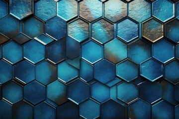  a close up of a wall made of hexagonal tiles with a blue tint on top of it.