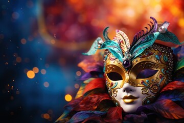  a close up of a carnival mask with feathers on a dark background with boke of lights in the background.