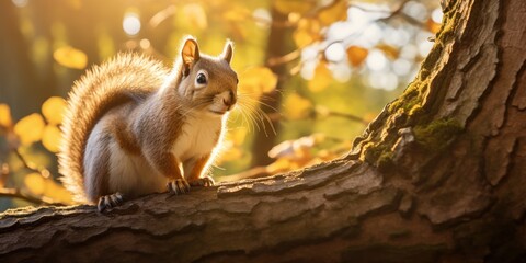 Obraz premium Backlit by the sun, a squirrel scales an aged tree trunk.
