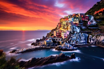  a colorful sunset over the ocean with a small town on the edge of a cliff in the middle of the...