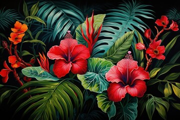  a painting of red flowers and green leaves on a black background with a red flower in the center of the painting.