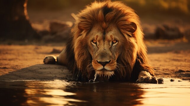 Lion animal drinking water AI Generated pictures