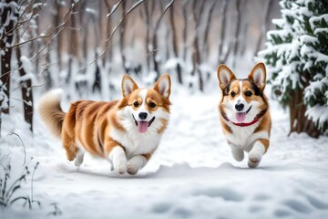 Naklejka na ściany i meble two dogs playing in snow