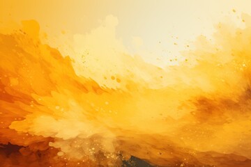  a painting of an orange and yellow wave on a yellow and white background with a yellow sky in the background.