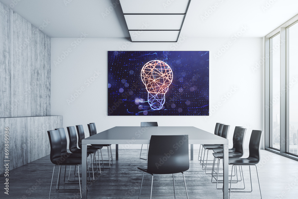 Poster creative light bulb hologram on presentation tv screen in a modern meeting room, research and develo