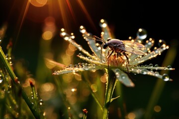  a fly sitting on top of a green leaf covered in water droplets on a sunlit grass covered in dew.