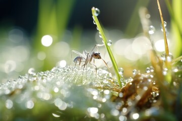  a close up of a plant with drops of water on the top of it and a spider on the bottom of the plant.