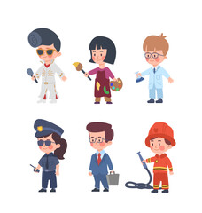Cute kids in various professions, cartoon flat vector illustration isolated on white background.